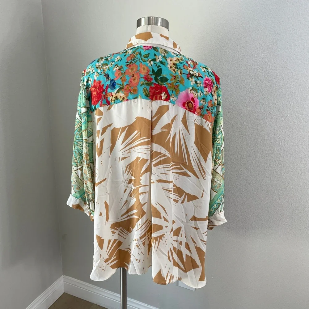 Rose + Olive Womens Plus 3X Patchwork Floral Paisley Button Front Blouse Top - Picture 8 of 9